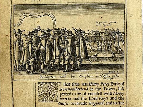 Depiction of Anthony Babington in St Giles Fields plotting to assassinate Queen Elizabeth I