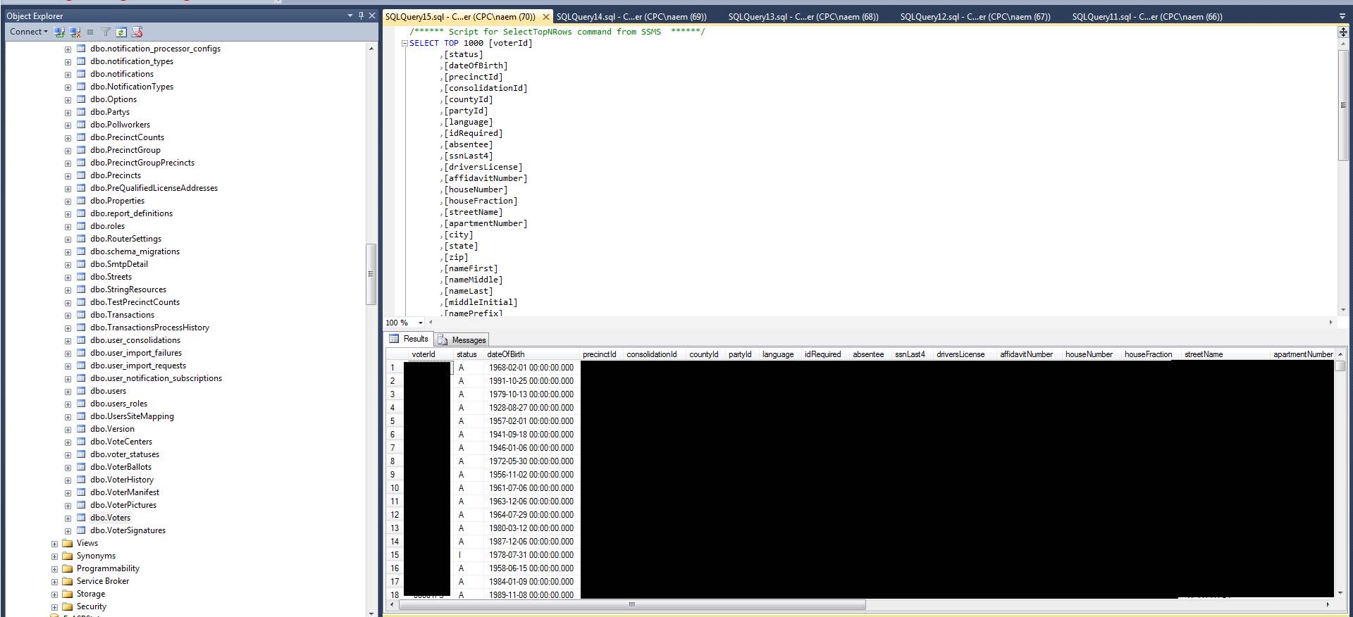 A redacted image of the “dbo.voters” data set, with sensitive details redacted.