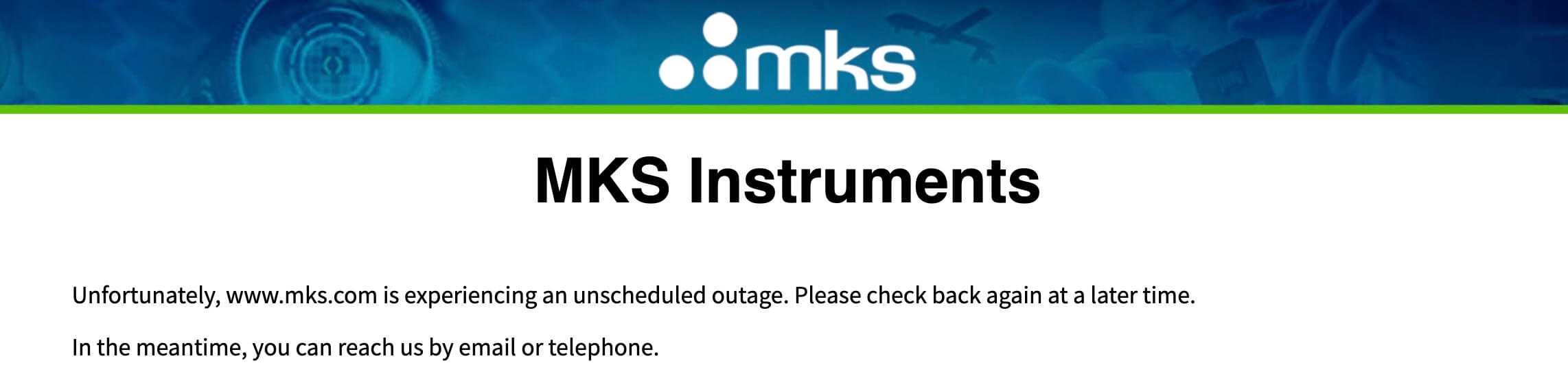 MKS Instrument website outage message.