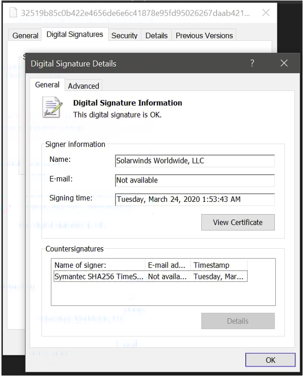 Solarwinds compromised .dll file displaying SolarWinds digital signature