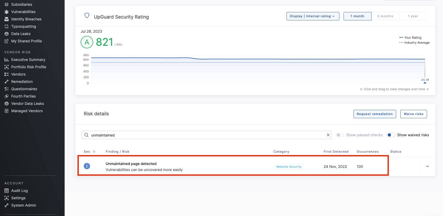 Unmaintained page risk detection on the UpGuard platform.