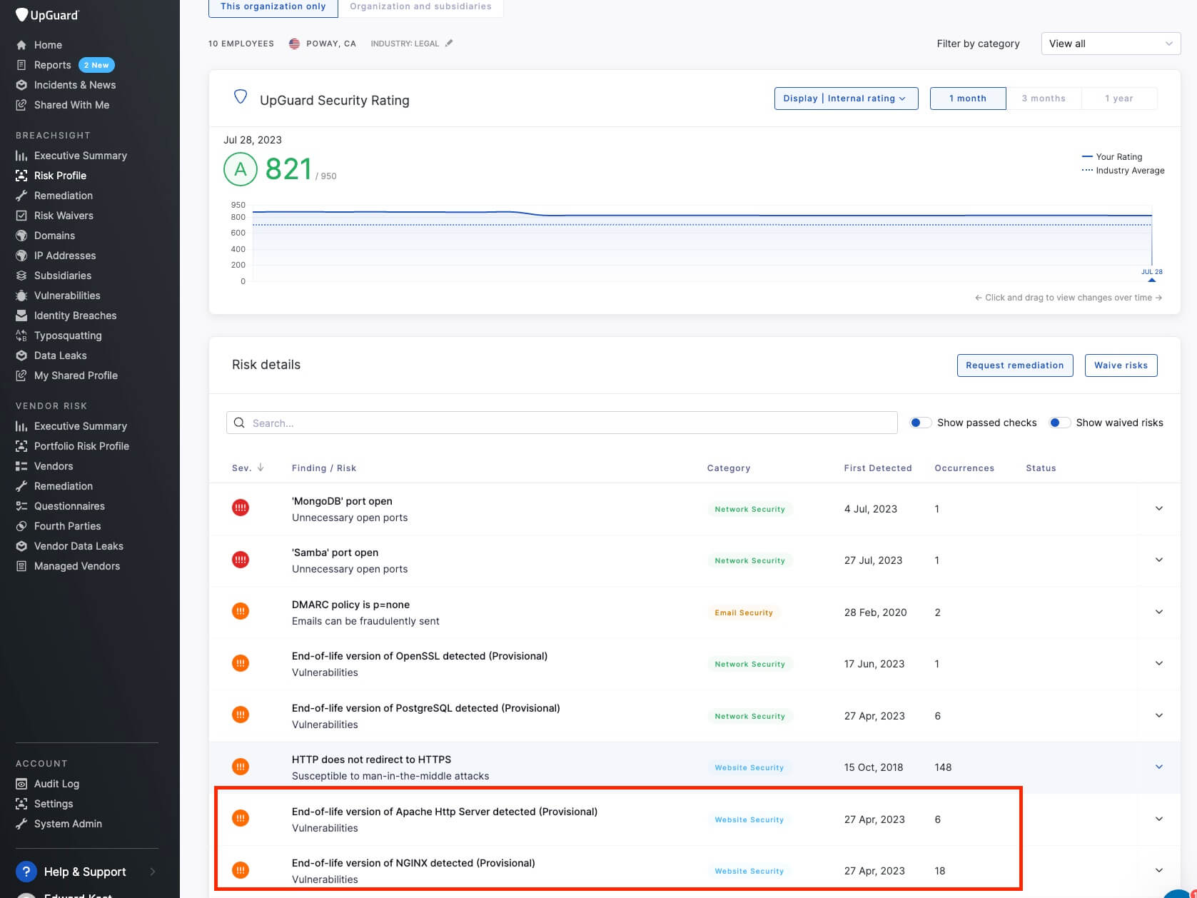End of life server risk detection on the UpGuard platform