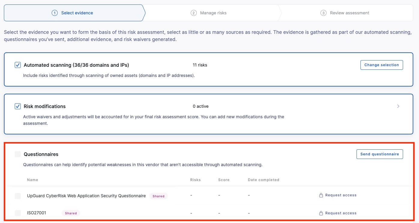 Questionnaire selection in the evidence gathering phase of the risk assessment workflow