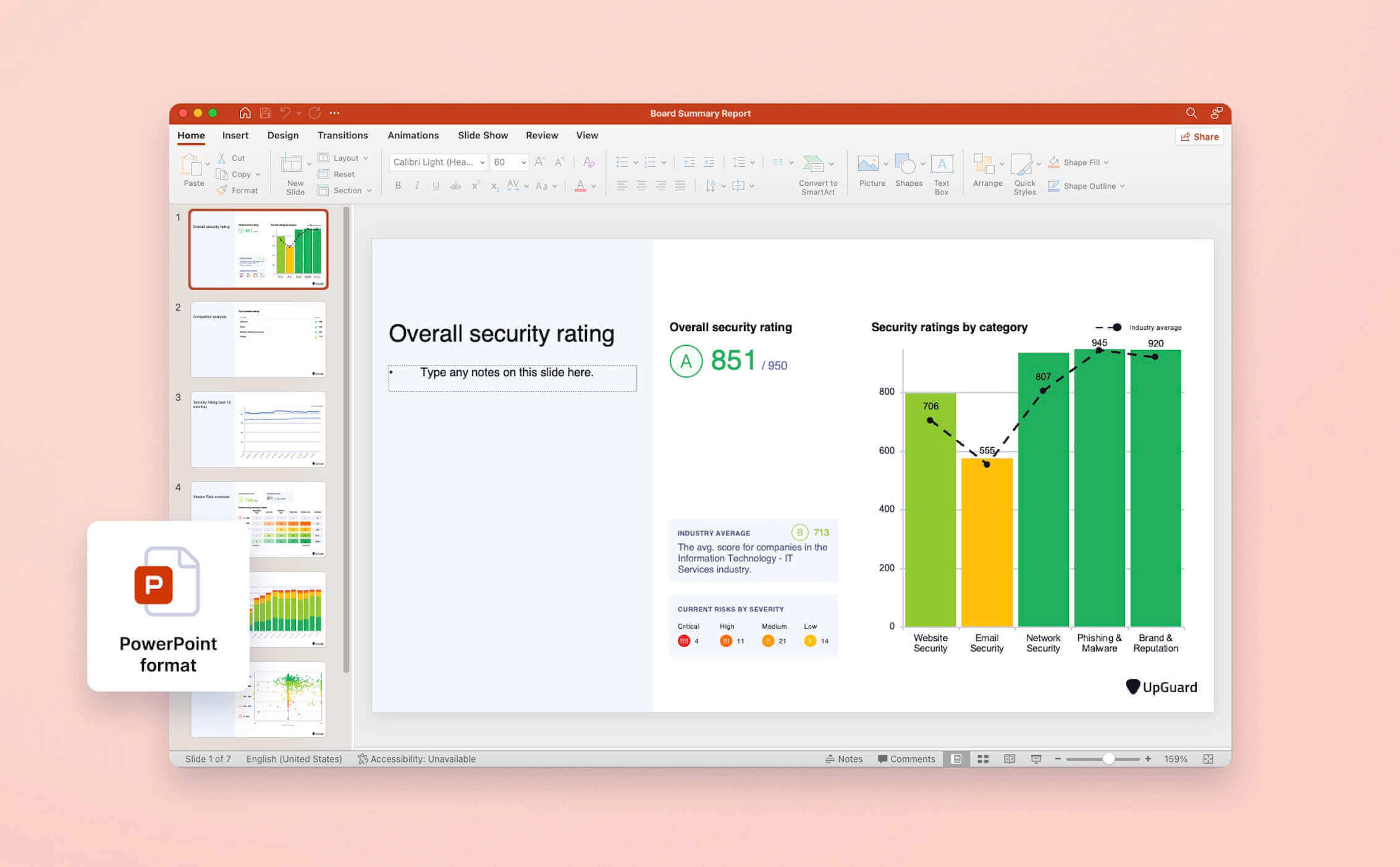 UpGuard's board summary reports can be exported as editable PowerPoint slides.