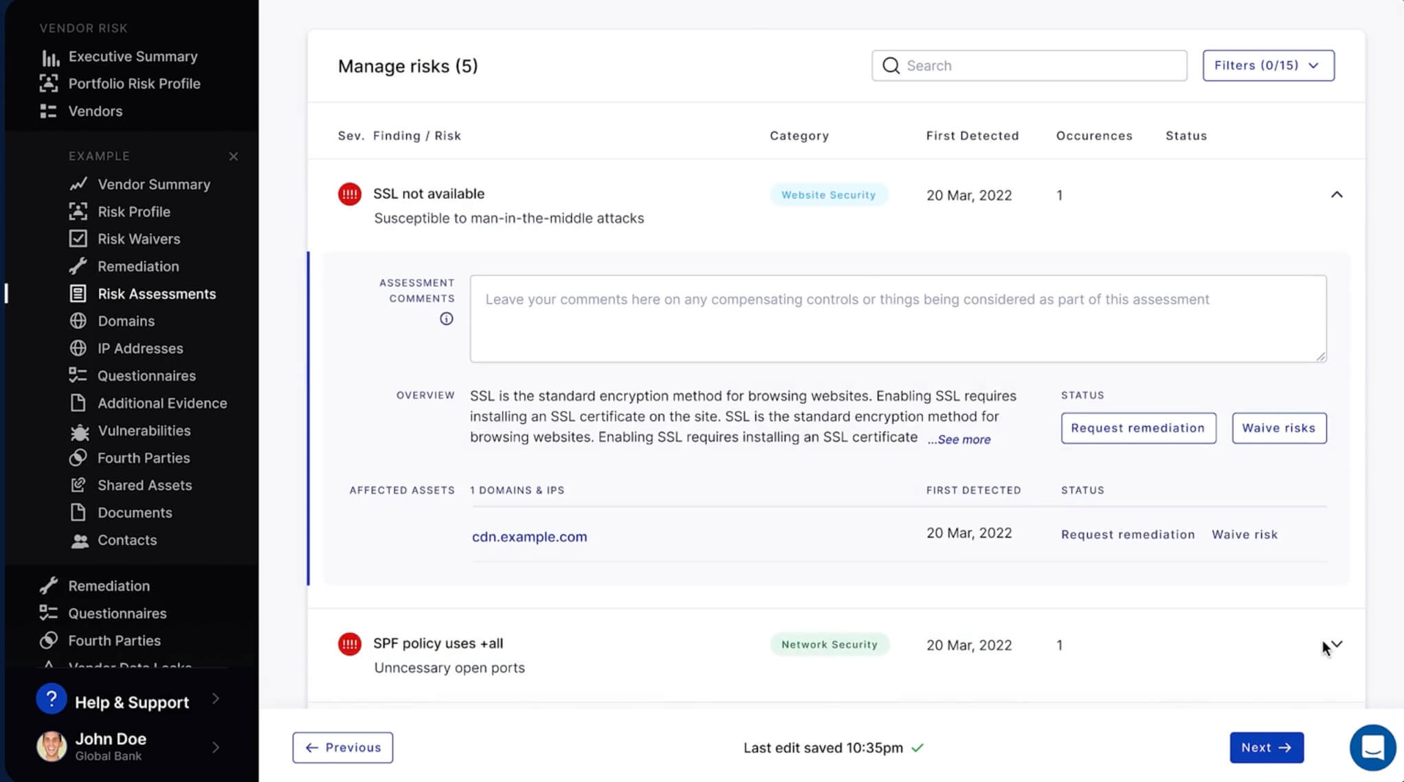 Third-party risks detected through automatic scanning methods on the UpGuard platform.