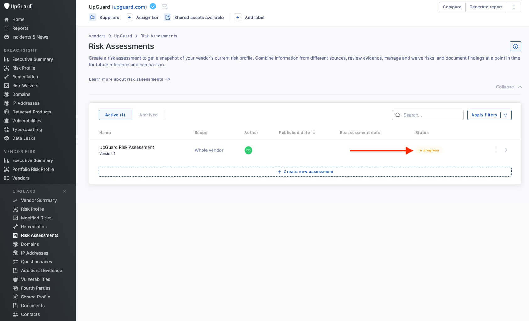 Risk assessment progress tracking on the UpGuard platform.