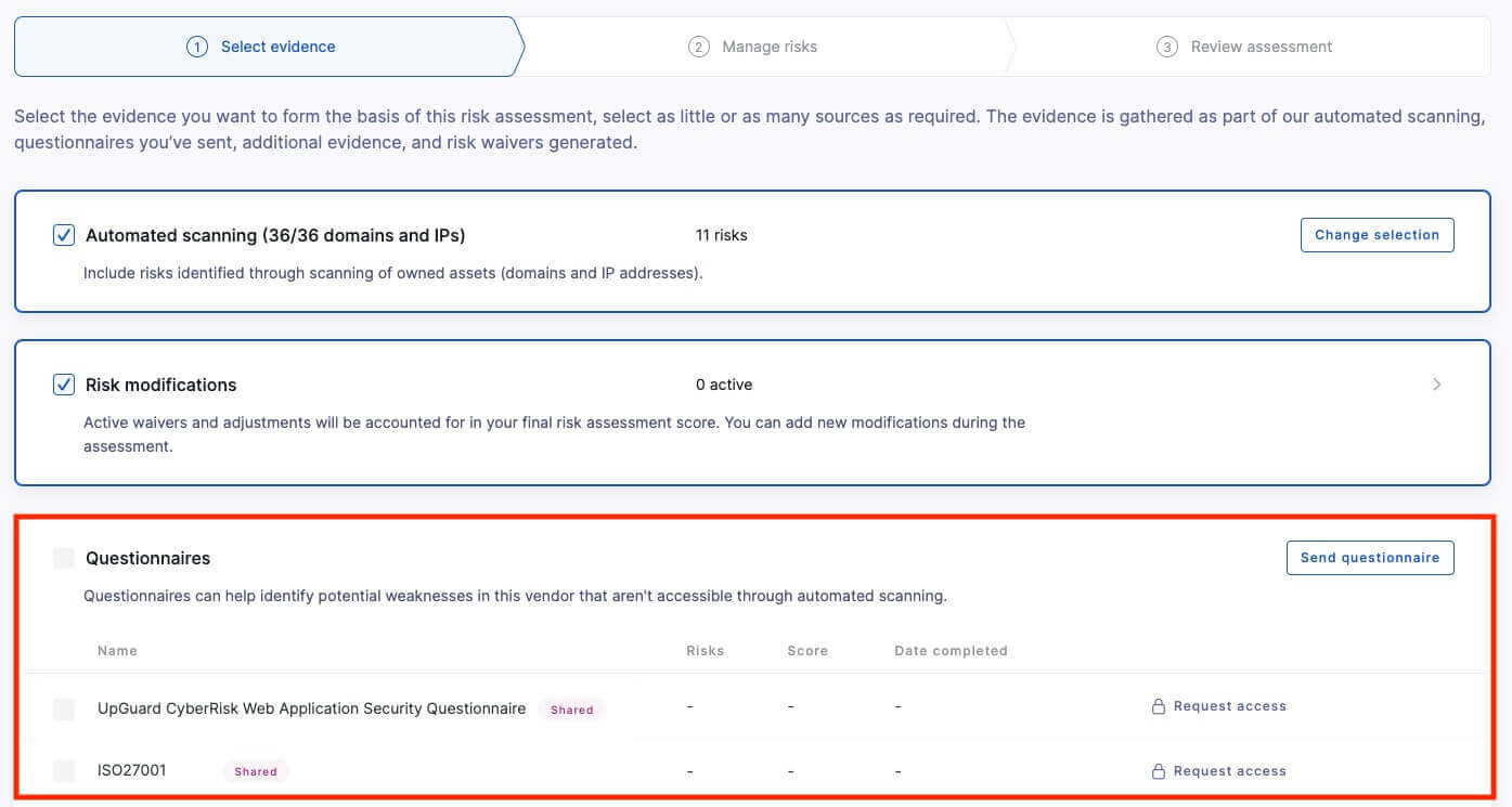 A risk assessment containing two questionnaire types, collectively mapping to web application security risks and the standards of ISO 27001.