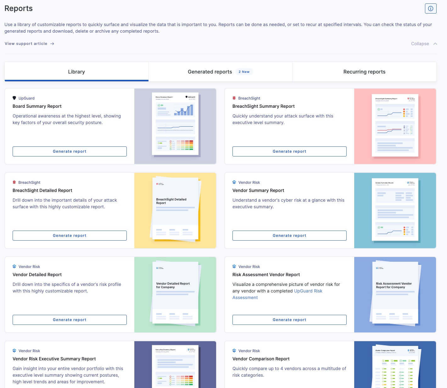 Some of the cybersecurity report templates on the UpGuard platform.