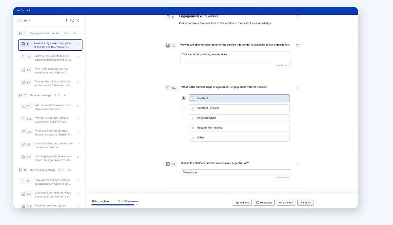 Internal relationship questionnaire on the UpGuard platform.