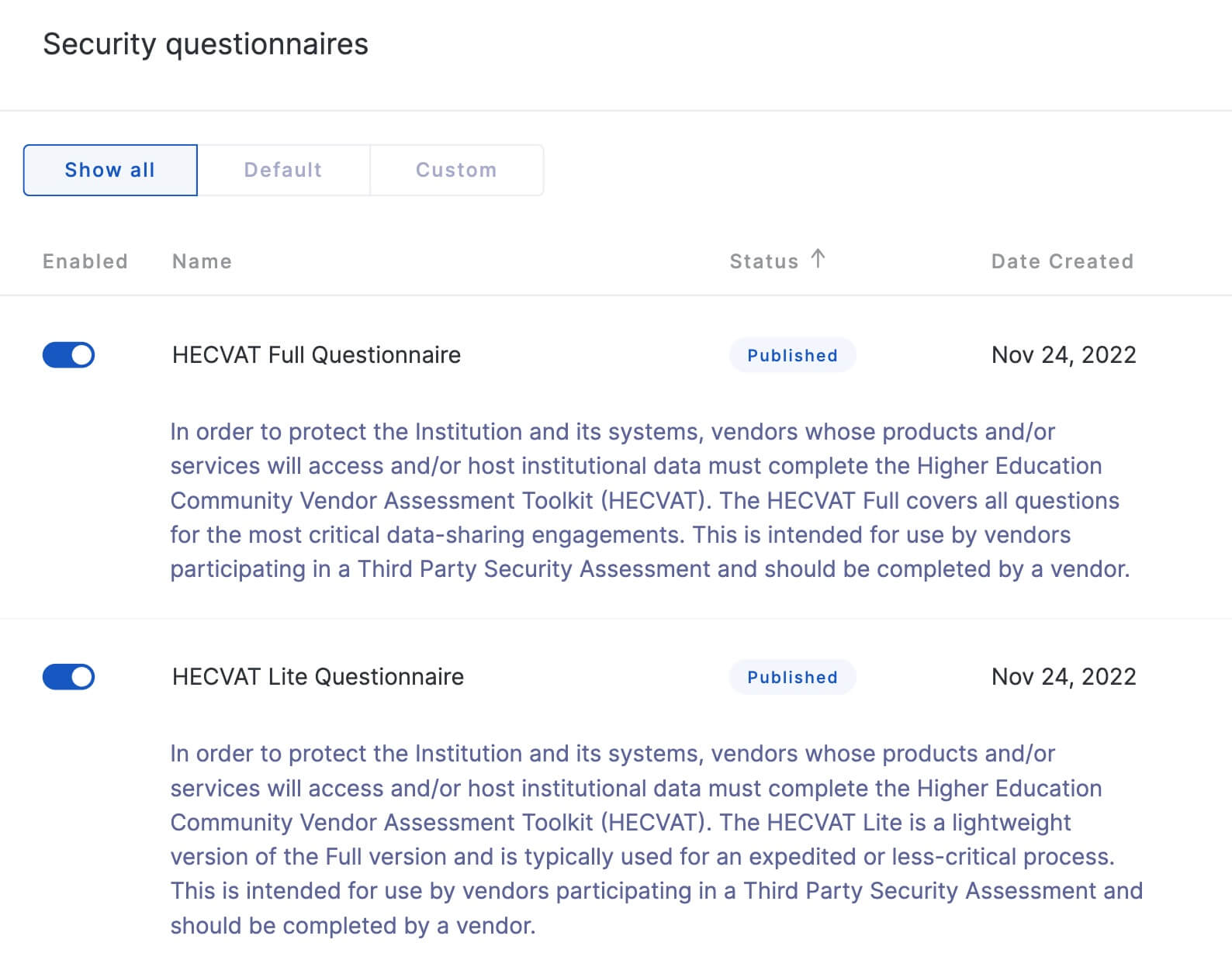 HECVAT security questionnaires on the UpGuard platform