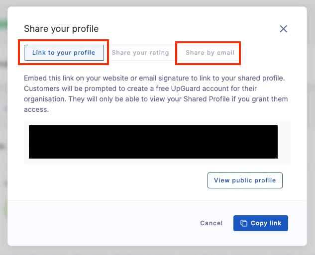 UpGuard's shared profile feature allows users to share their profile via a direct link.