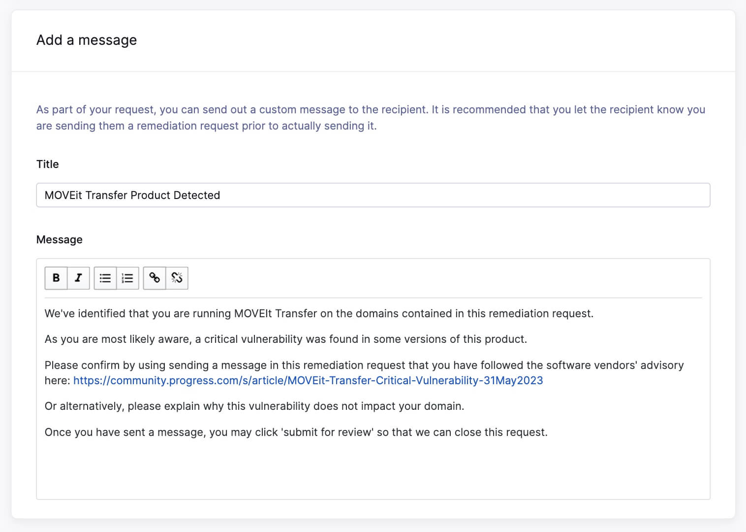 Messaging feature within UpGuard's remediation planner.