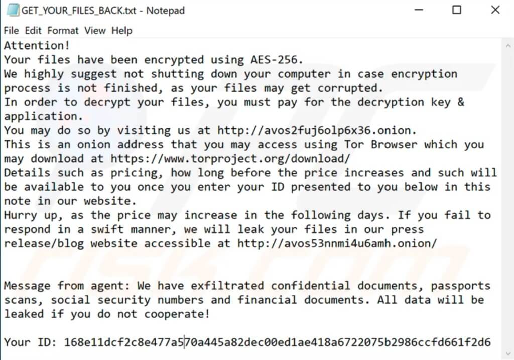 An example of an AvosLocker ransom note - Source: socradar.io