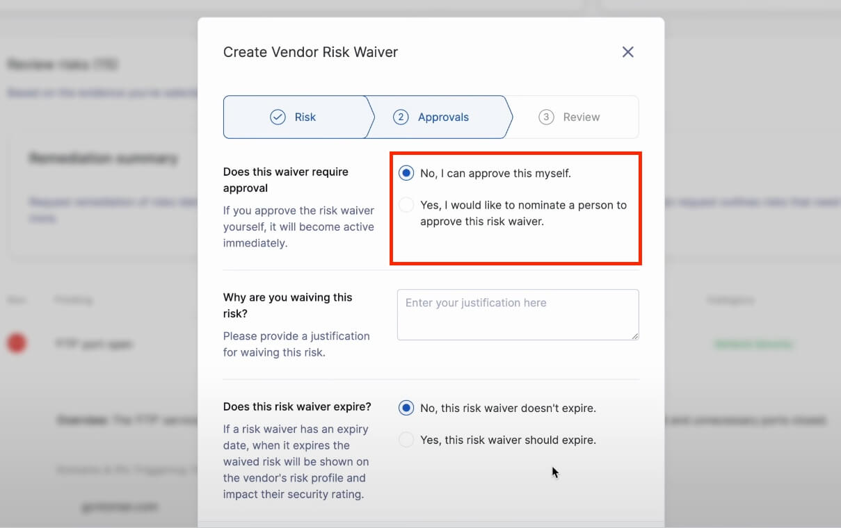vendor risk waiving on the UpGuard platform.