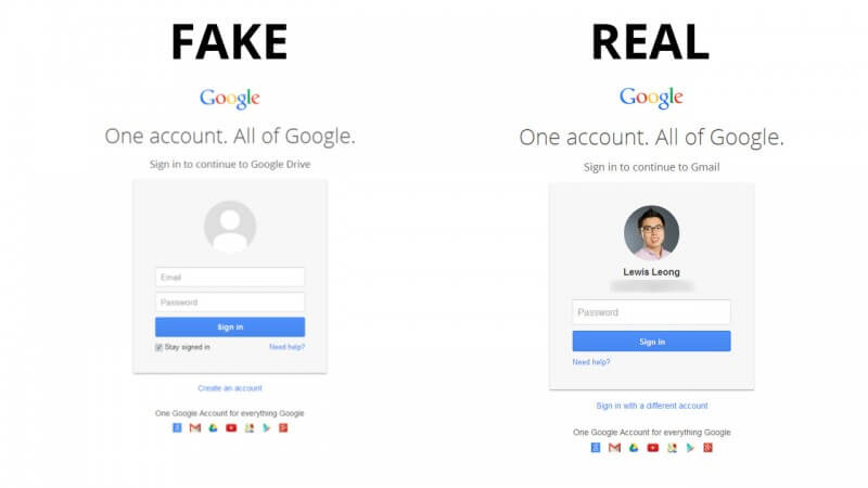 Fake vs real Gmail sign in page