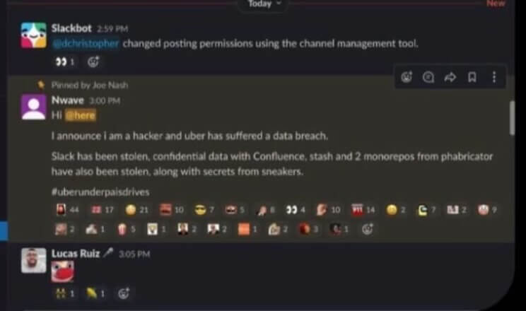 Screenshot of the hacker's breach announcement in Uber's Slack channel