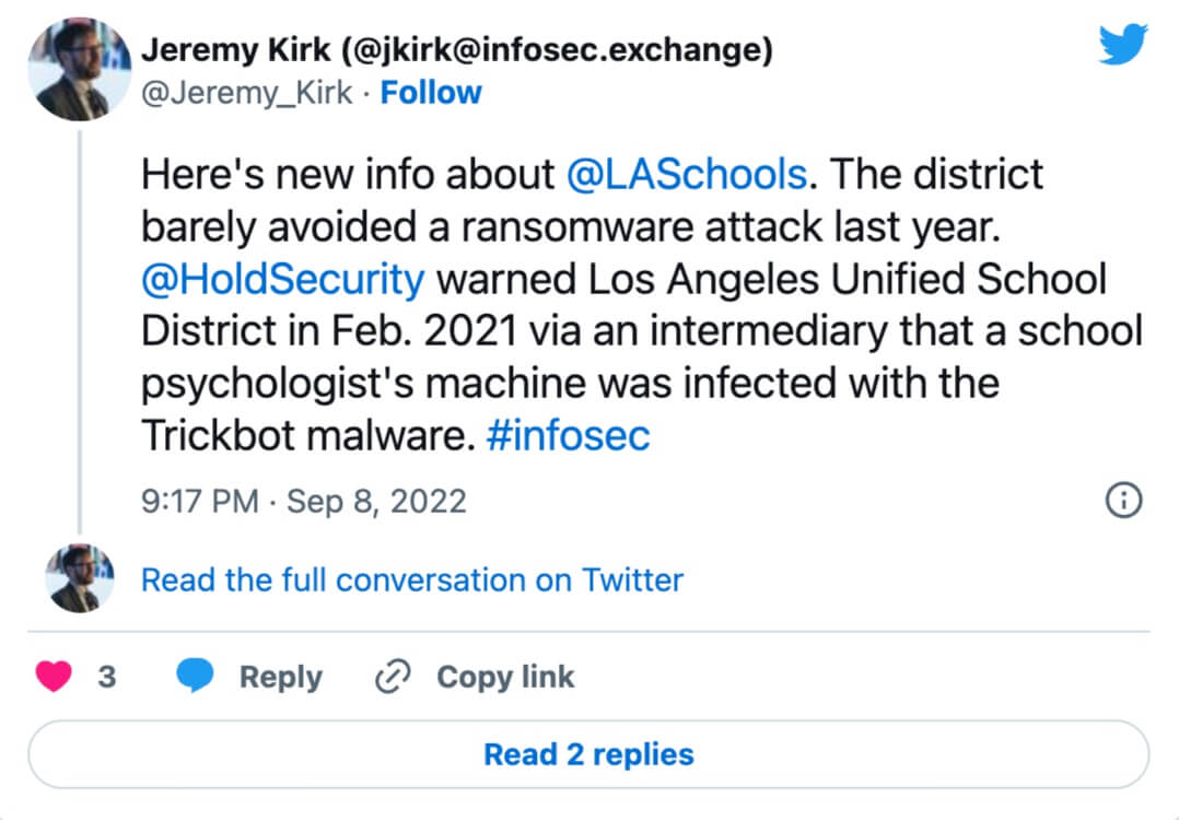 Cybersecurity reporter, Jeremy Kirk, announcing that this isn't the first time LAUSD was targeted by Vice Society