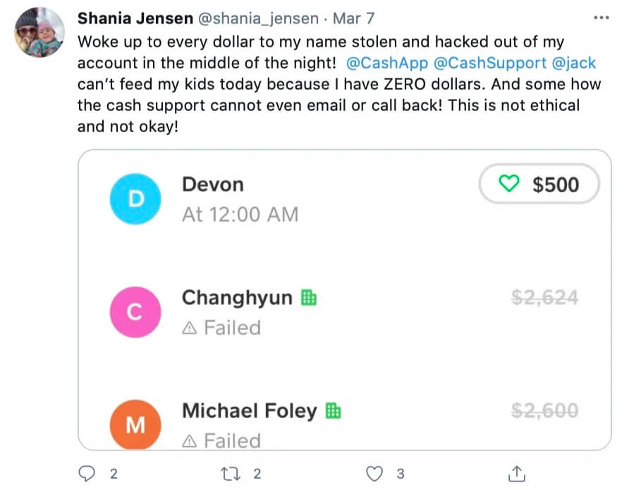 Twitter post about Cash App Hack
