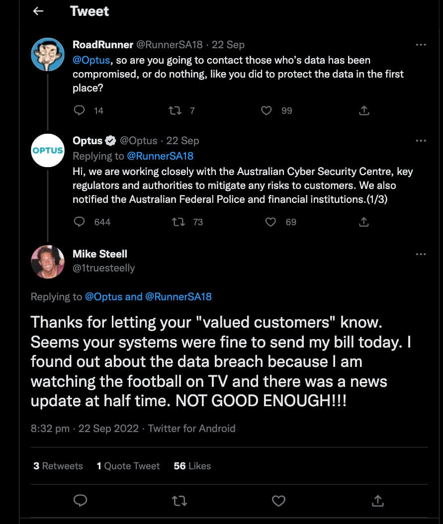An optus customer compalining on twitter that they only found out about the incidnent by watching the news