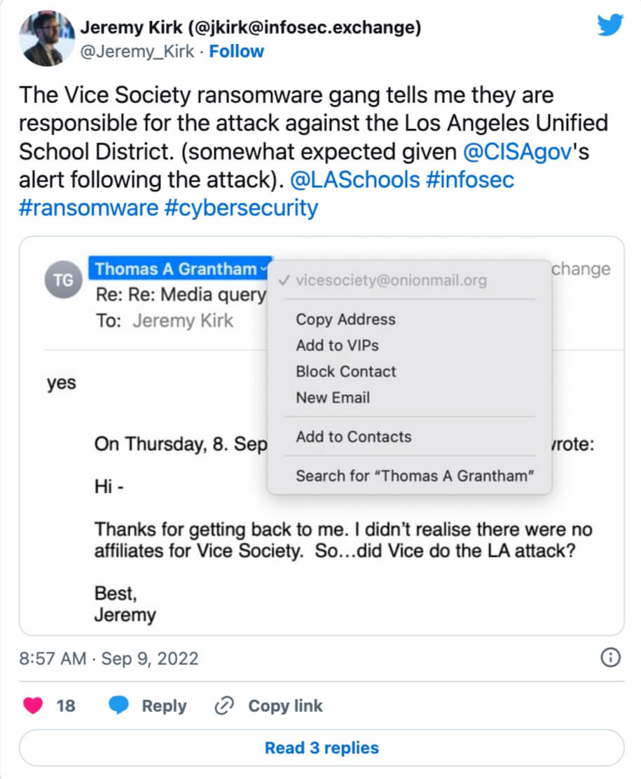 Vice Society revealing to cybersecurity reporter Jeremy Kirk that they were responsible for the LAUSD ransomware attack to cybersecurity reporter Jeremy Kirk.