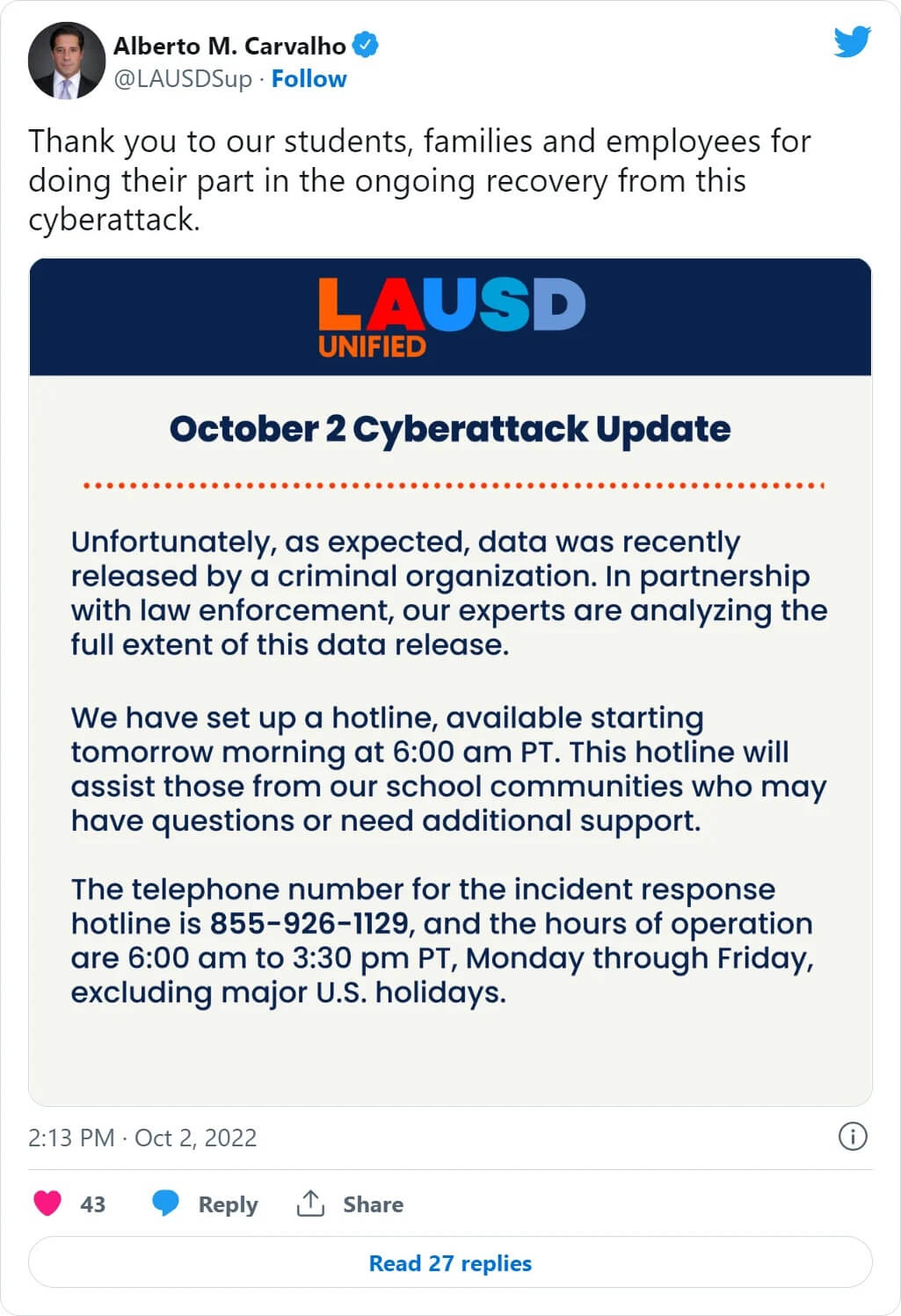 Superintendent Alberto Carvalho announcing the LAUSD data leak