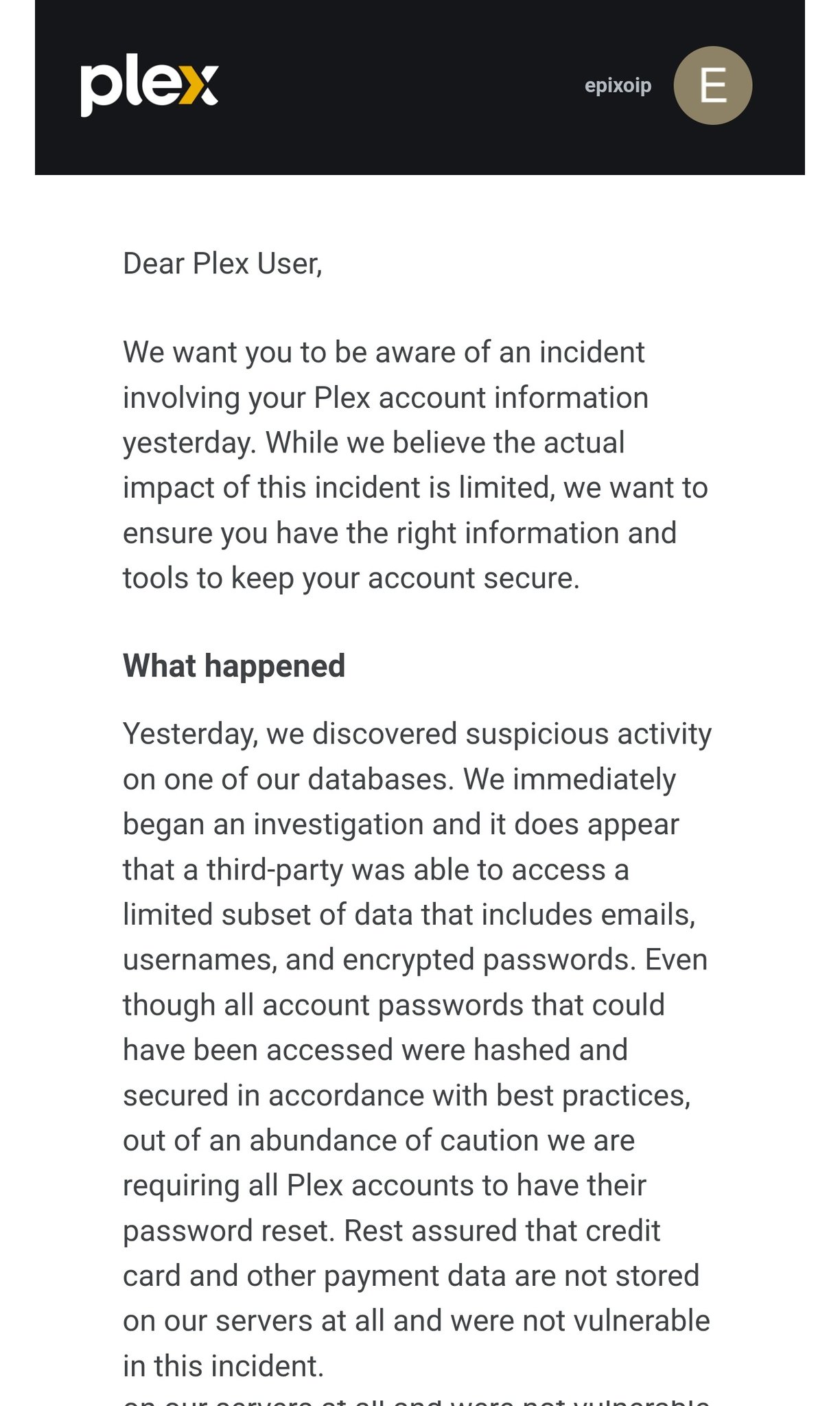Plex data breach announcement sent to customers.