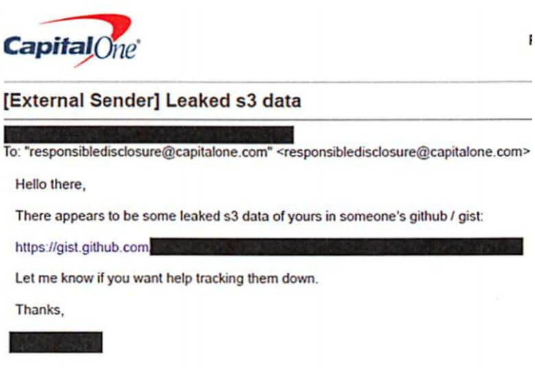 The email that notified Captial One of its stolen data dump