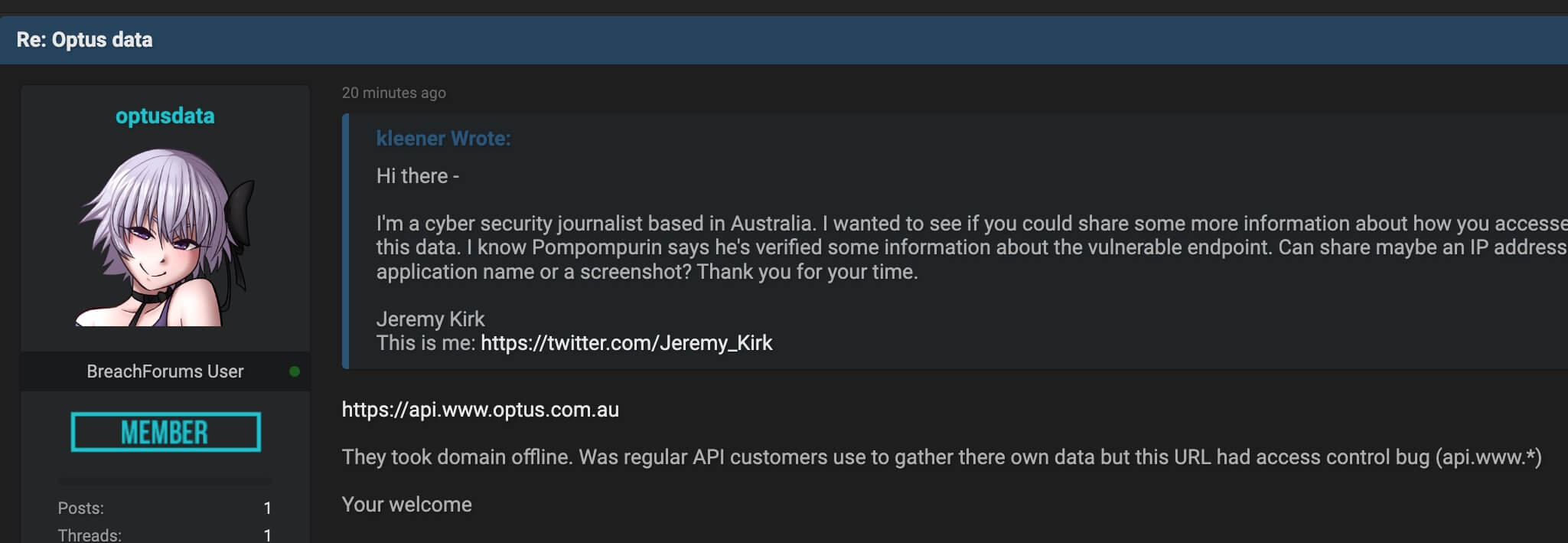 The alleged details of the Optus data breach as revealed by a cybercriminal claiming responsibility - Source: Twitter - Jeremy Kirk.