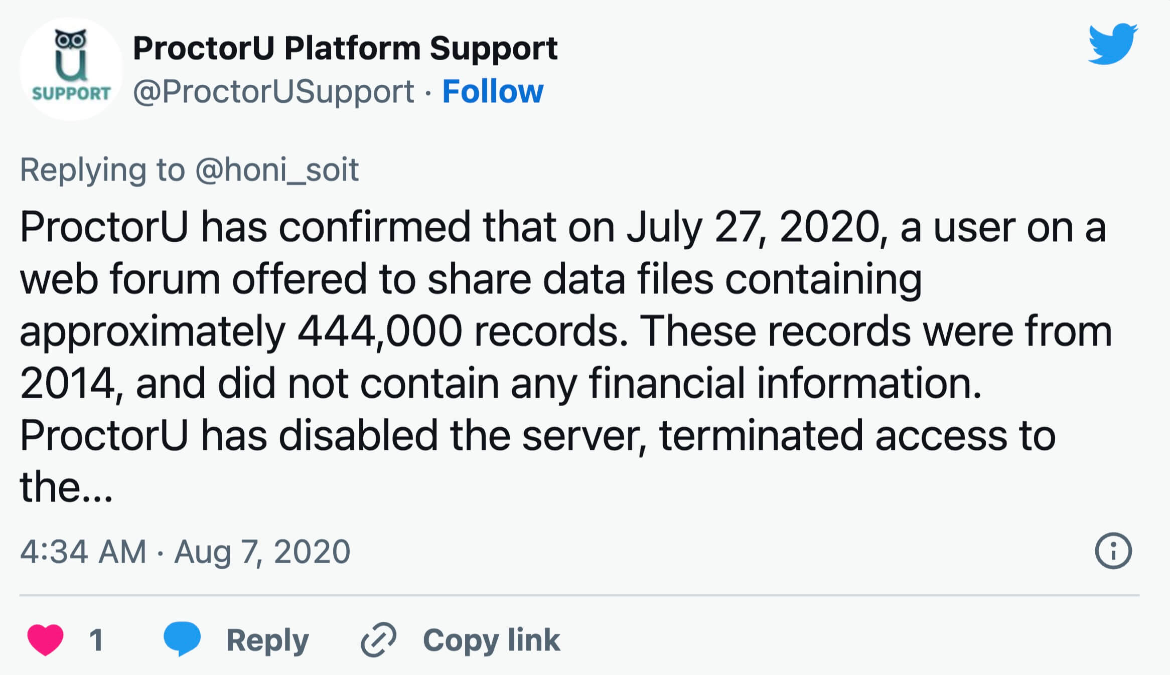 proctorU data breach announcement on Twitter