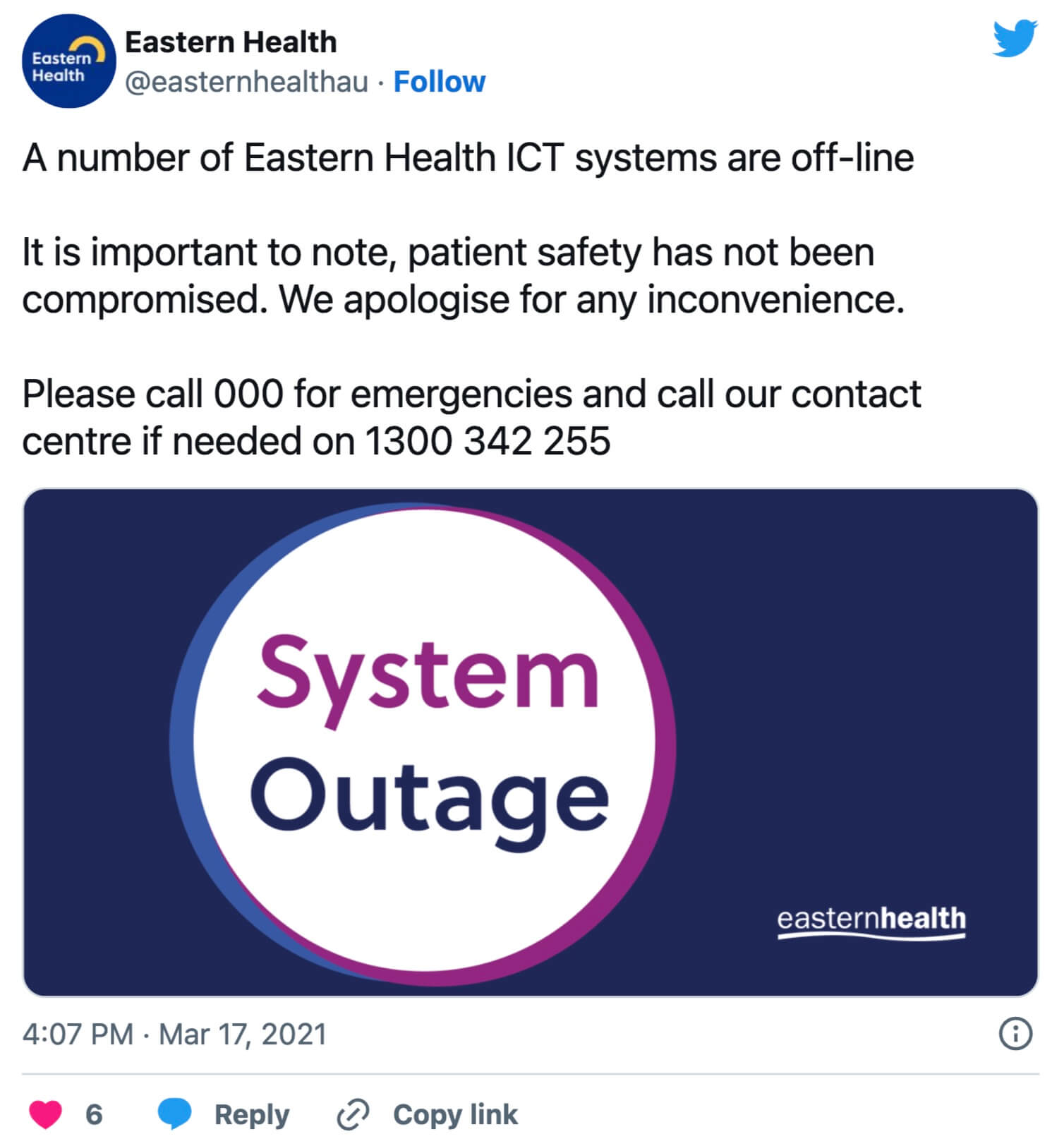 Eastern Health data breach announcement on Twitter