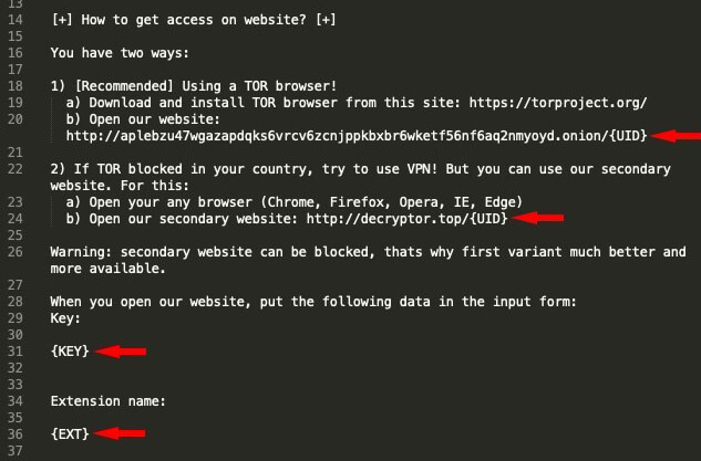 Sodinokibi ransom note with dark browser download instructions