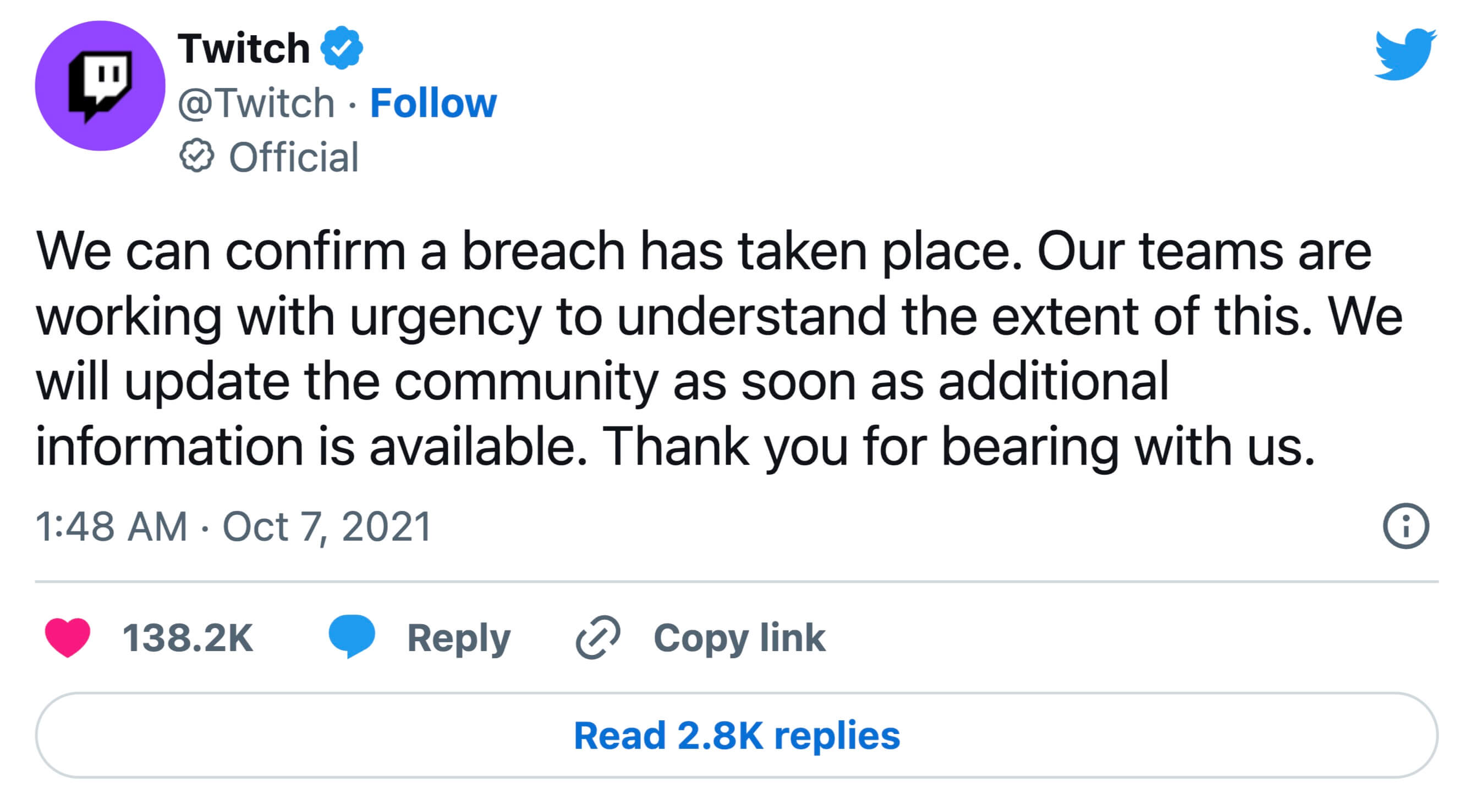 Twitch breach announcement on Twitter