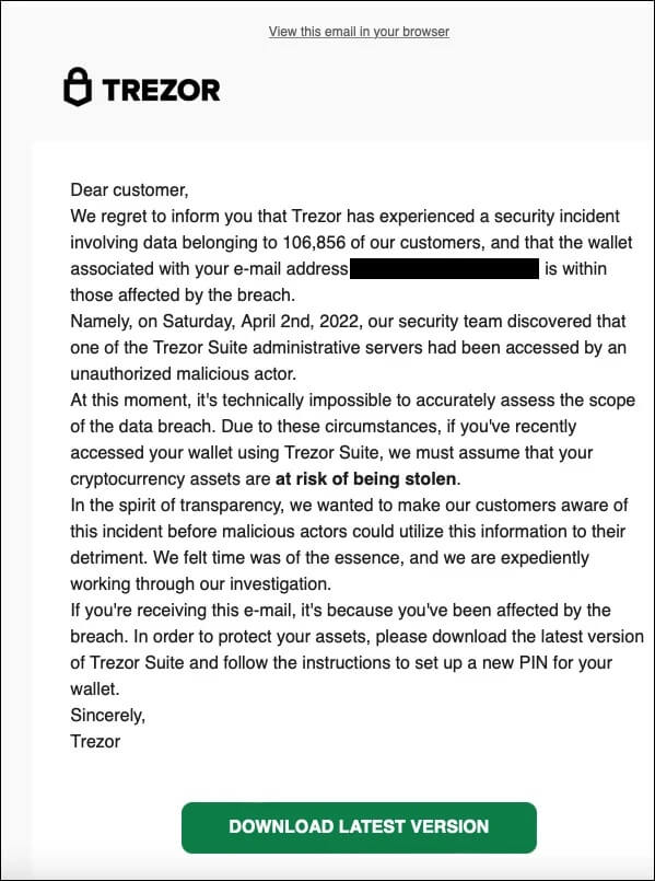 Trezor phishing email