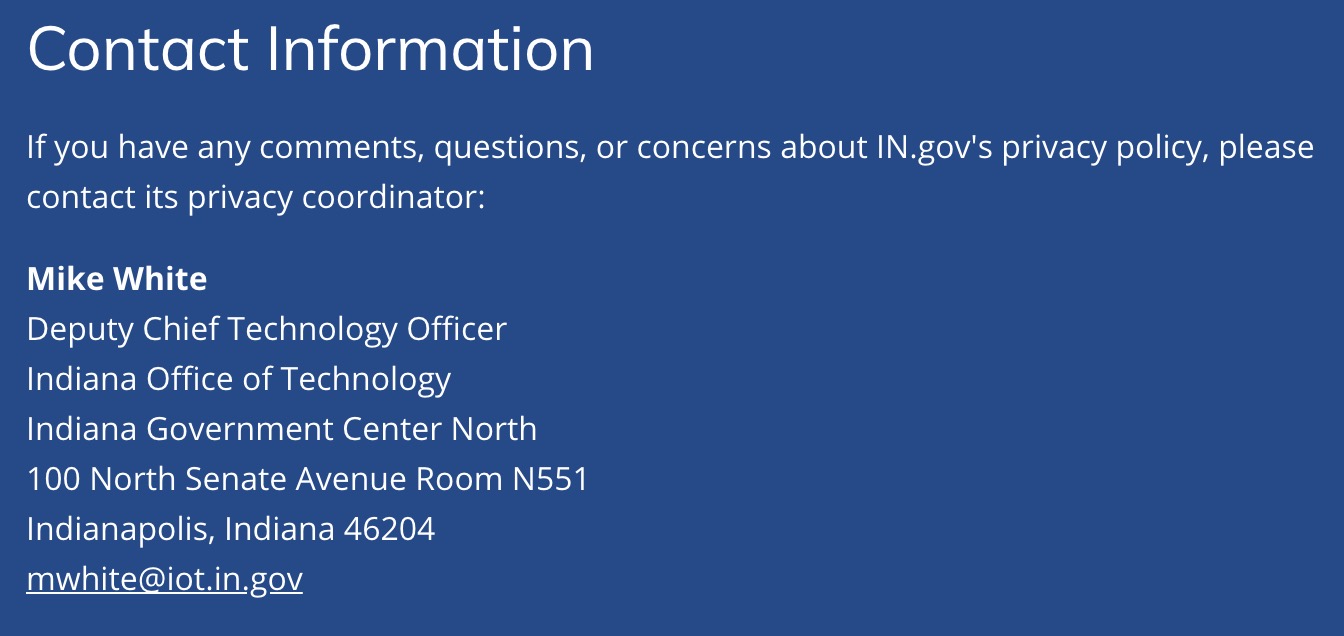 Details of the privacy coordinator for the State of Indiana