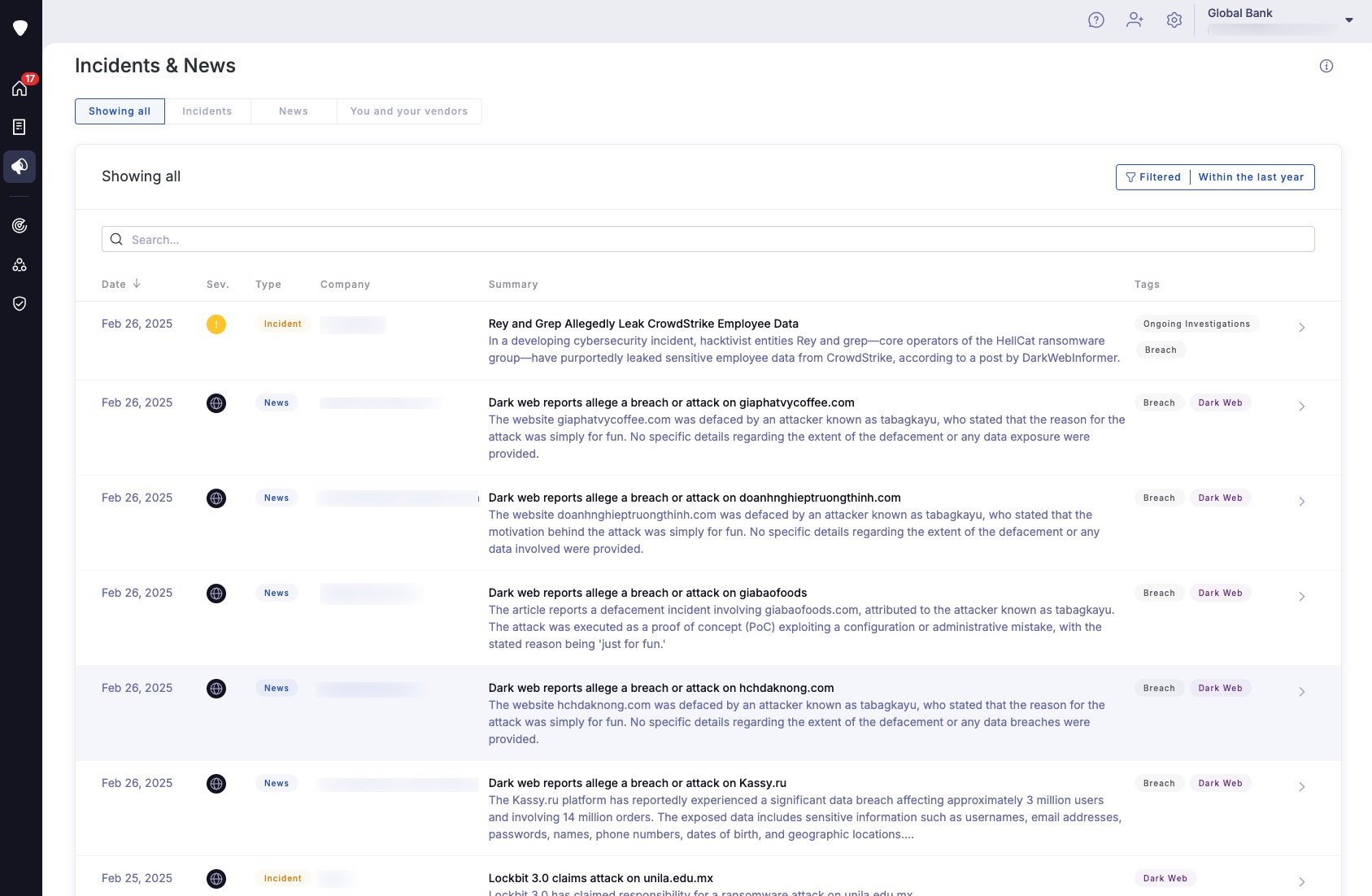 UpGuard's incidents and news feed displaying dark web activities impacting vendors.