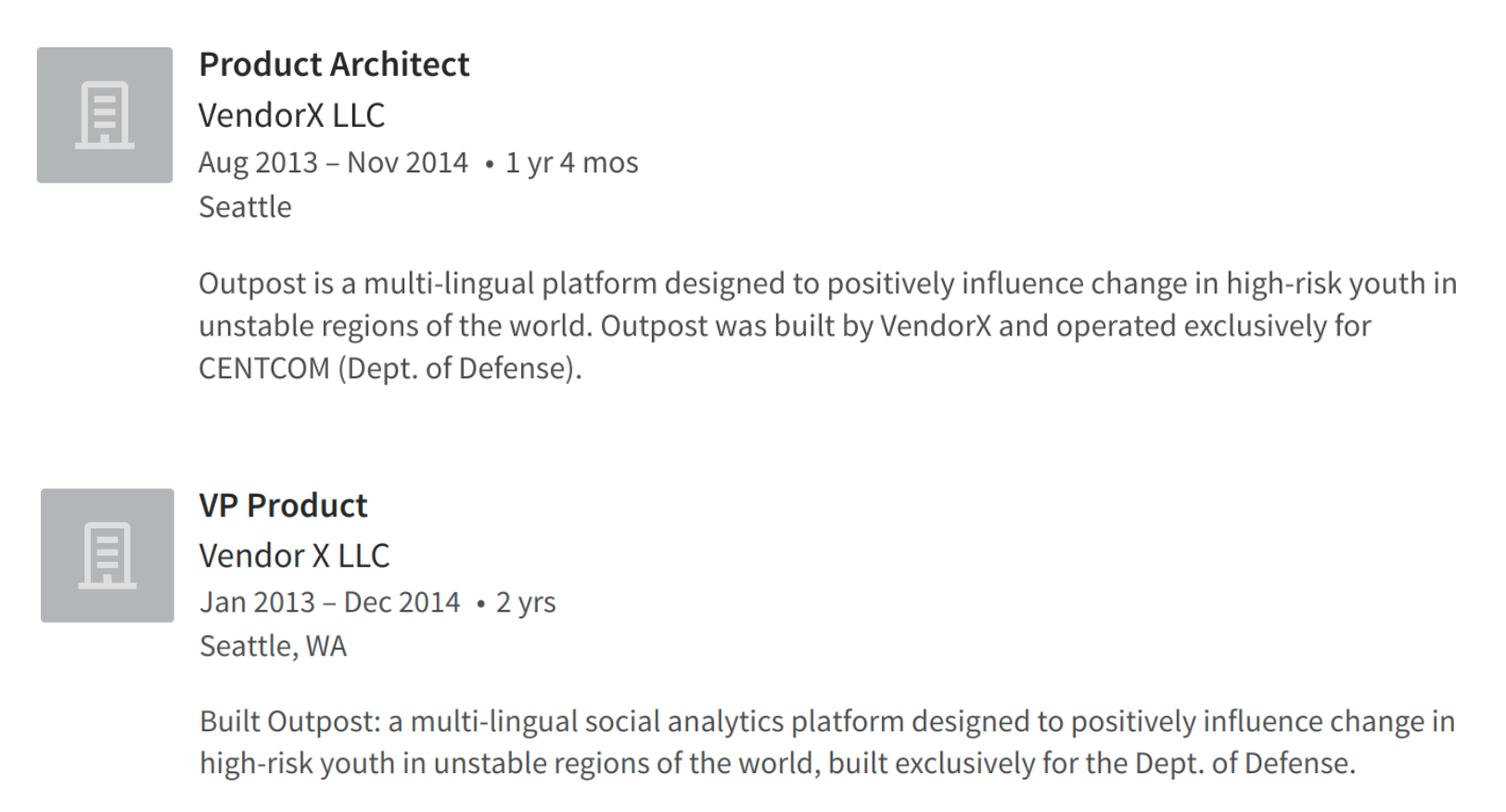 Descriptions of VendorX’s work on Outpost, via employee LinkedIn pages.