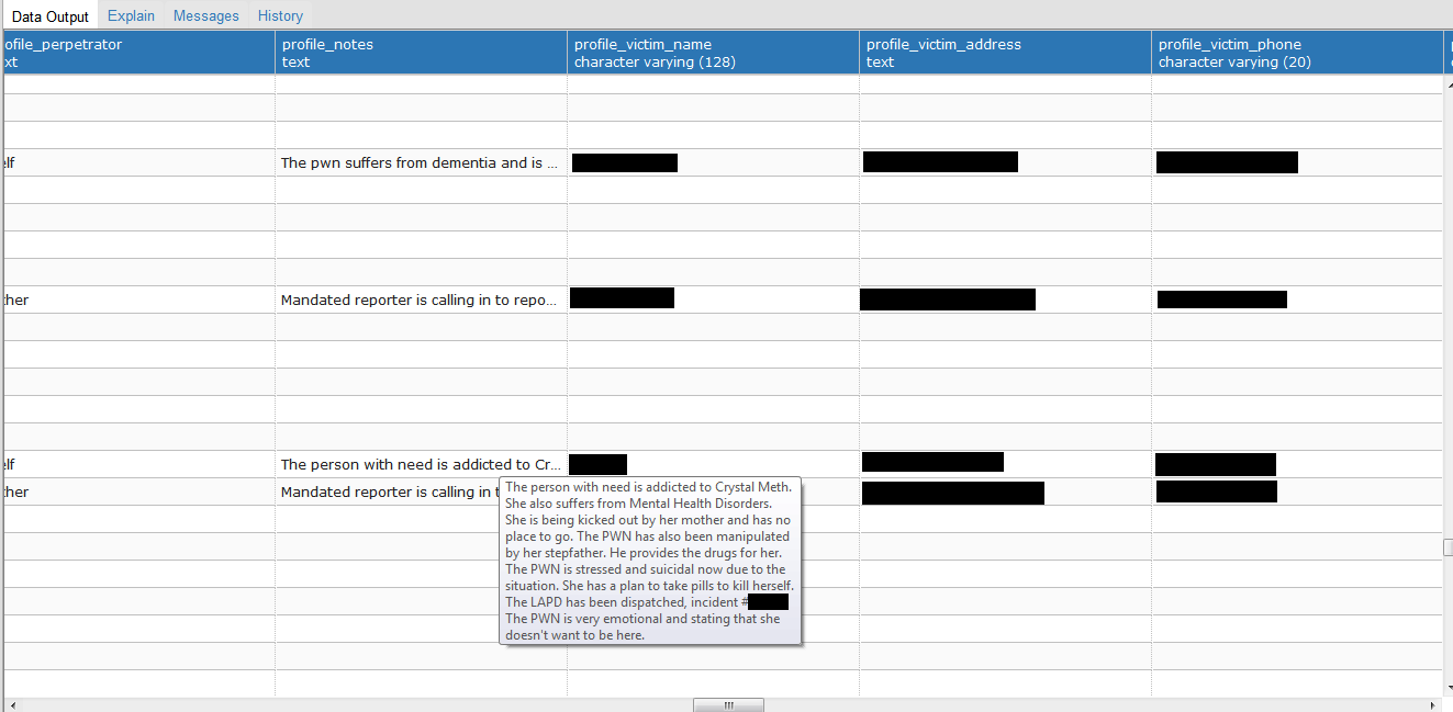Another redacted call record, this one detailing drug abuse and suicidal crisis.