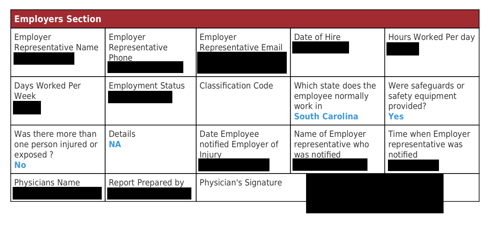 Redacted example of the “Employers Section” on a Medcall intake form.
