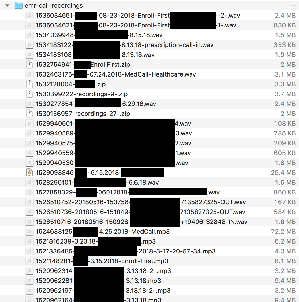 Example of phone call recordings stored in the exposed Medcall S3 bucket. Many filenames contained patient names and other details.