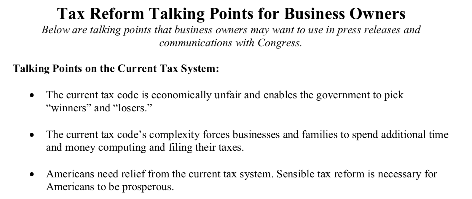 Screenshot of TPPCF "Talking Points for Business Owners"