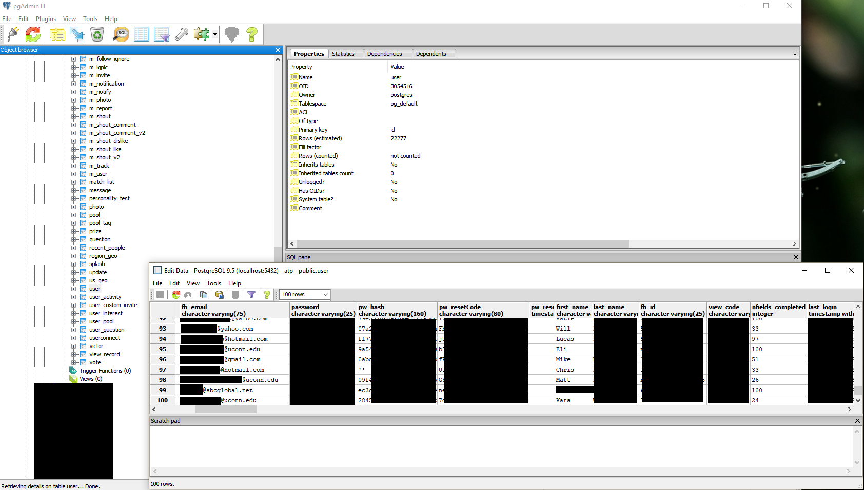 Redacted example of Facebook data from the exposed At the Pool dataset.