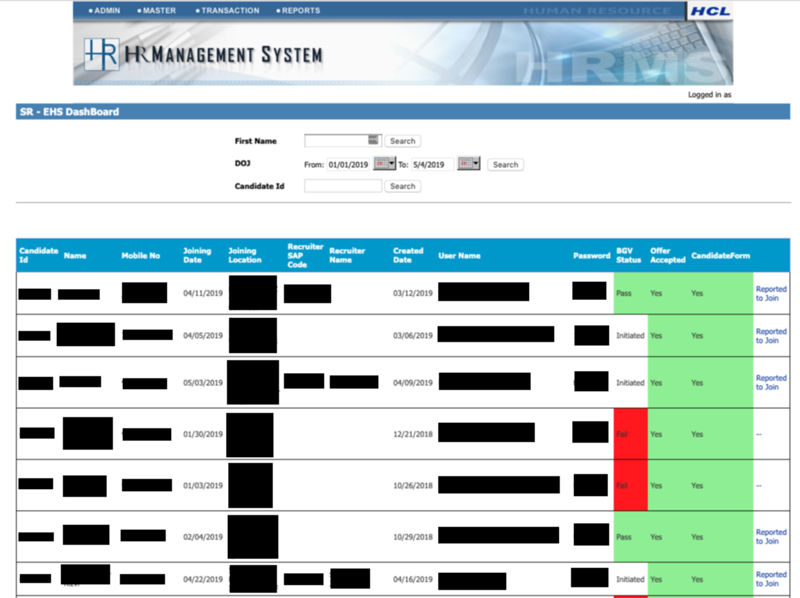 redacted new joinee dashboard
