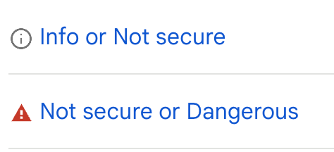 Screencapture of the two Not secure labels and icons that Chromium browsers provide for HTTP sites