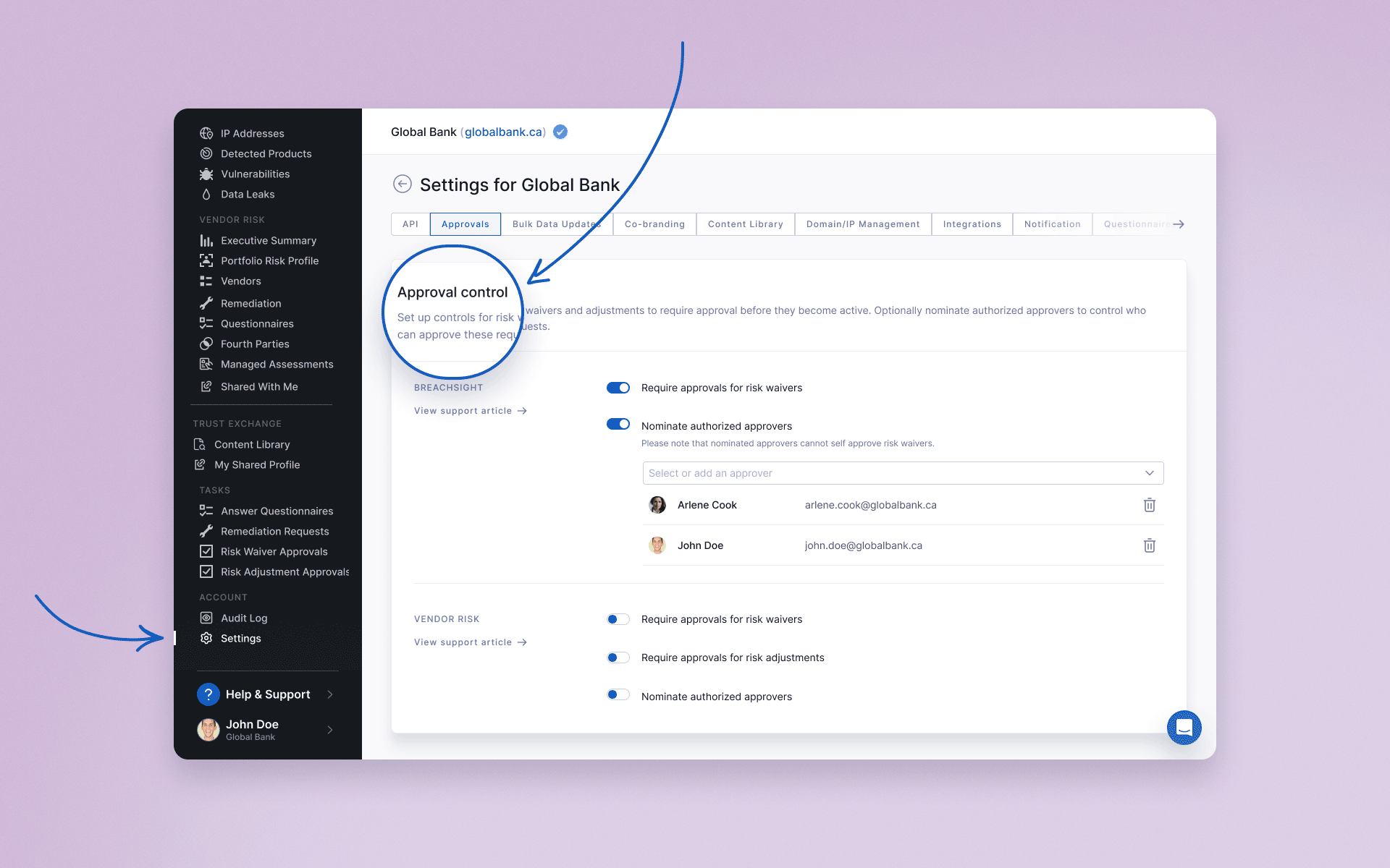 Configure approver settings for risk waivers and adjustments