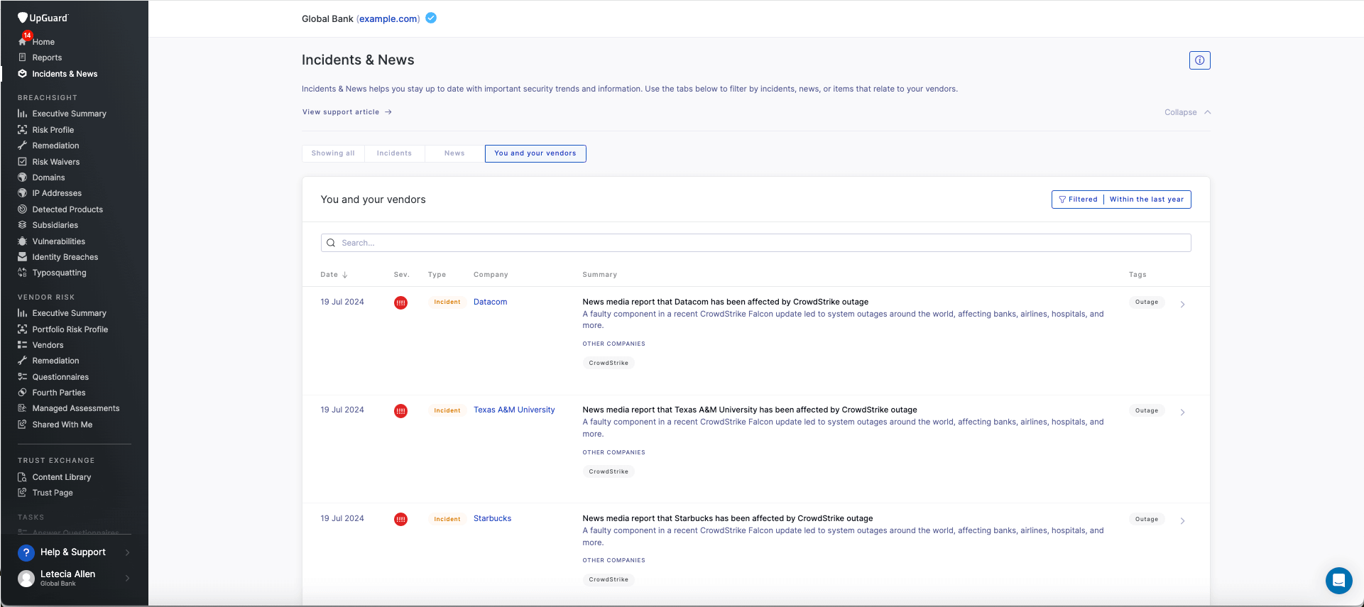 UpGuard's newsfeed indicates vendors impacted by security incidents mentioned in the media.