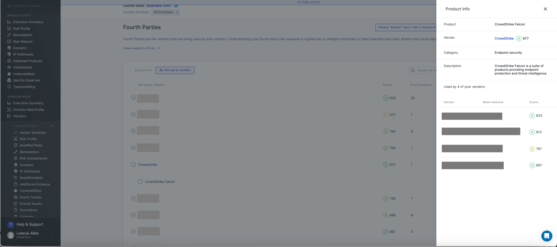 UpGuard's fourth-party products filter indicating Crowdstrike users.