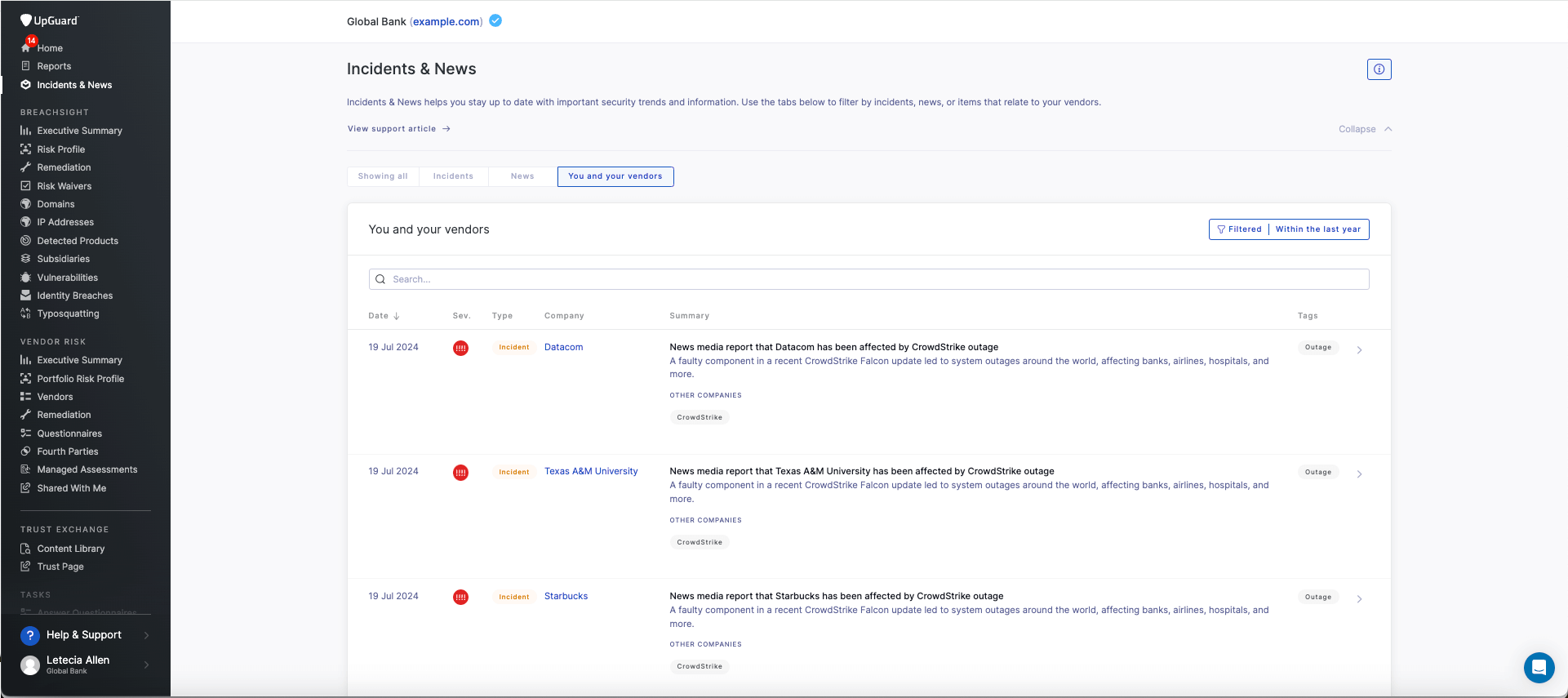 UpGuard's newsfeed confirming vendors impacted by Crowdstrike incident.