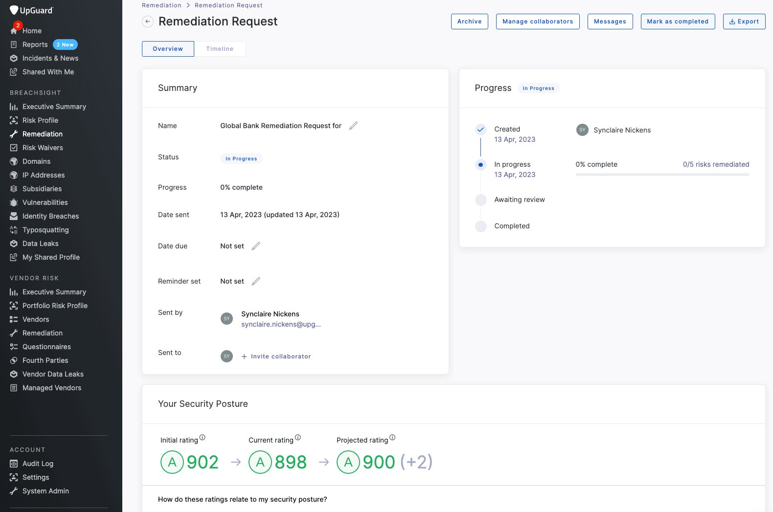 Remediation planner feature on the UpGuard platform.