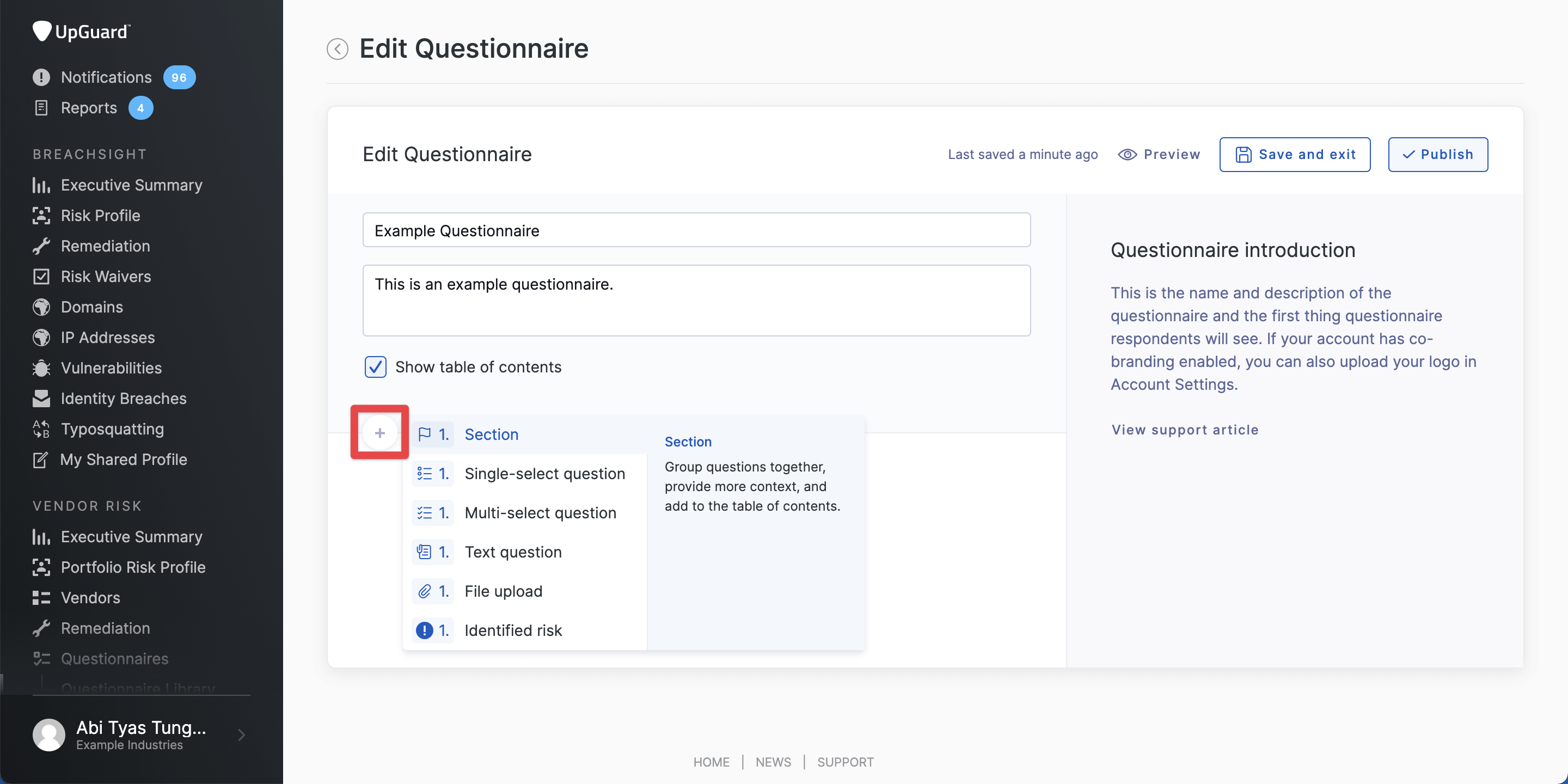 UpGuard's customizable questionnaire feature.