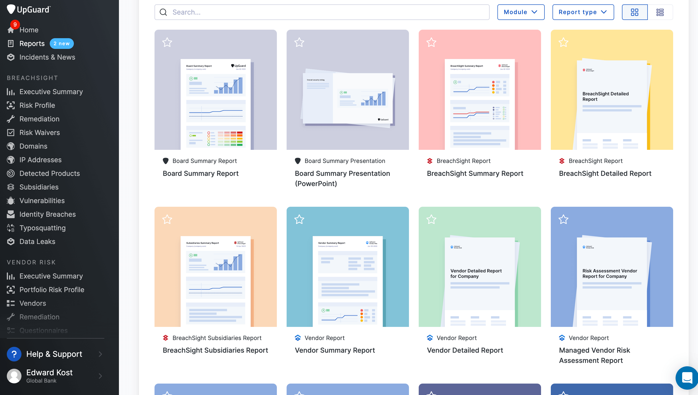 A preview of some of the cybersecurity report templates available on the UpGuard platform.